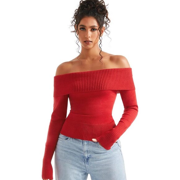 Women Red Brown Off Shoulder Long Sleeve Tops Blouse Sweaters